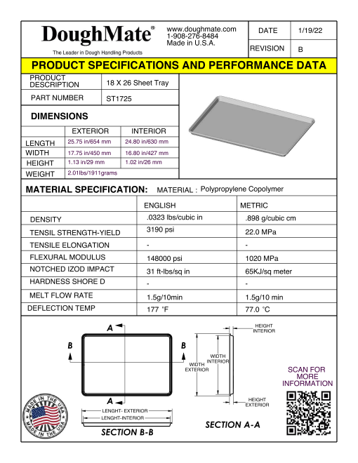 ST1725-17x25 Sheet Tray Product Specifications and Performance